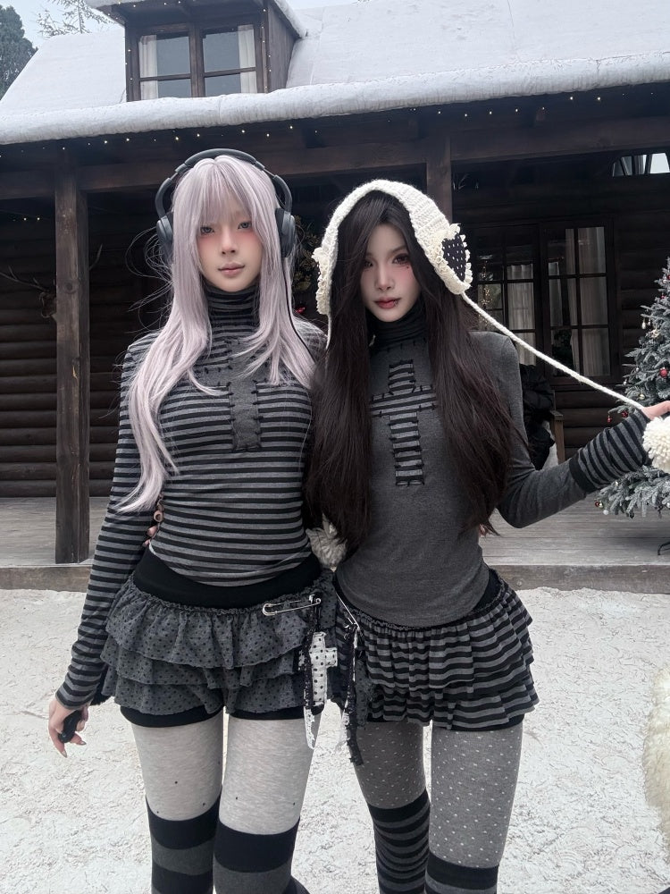 Cross Patchwork Striped High Neck Subculture Slimming Base Layer【s0000015662】