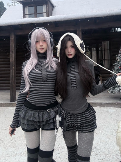 Cross Patchwork Striped High Neck Subculture Slimming Base Layer【s0000015662】