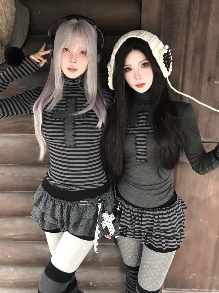 Cross Patchwork Striped High Neck Subculture Slimming Base Layer【s0000015662】