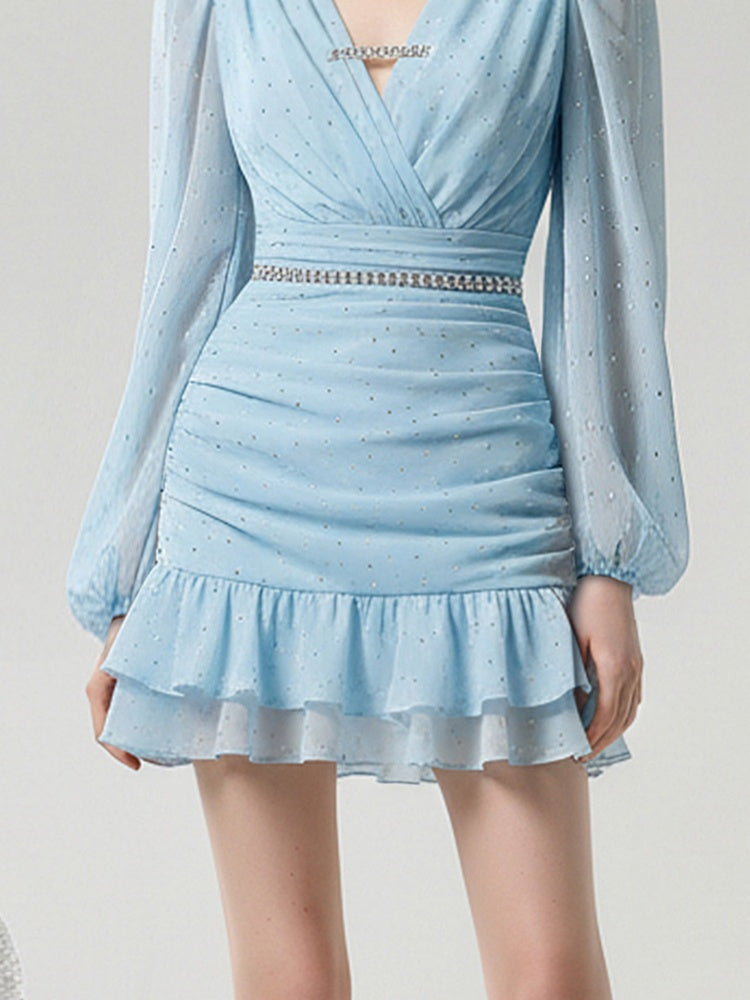 French Girly V-neck Loose Sleeves Ruffled Hip Cover Dress【s0000015774】