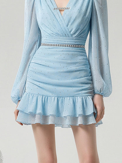 French Girly V-neck Loose Sleeves Ruffled Hip Cover Dress【s0000015774】
