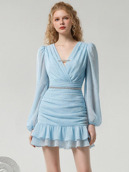 French Girly V-neck Loose Sleeves Ruffled Hip Cover Dress【s0000015774】