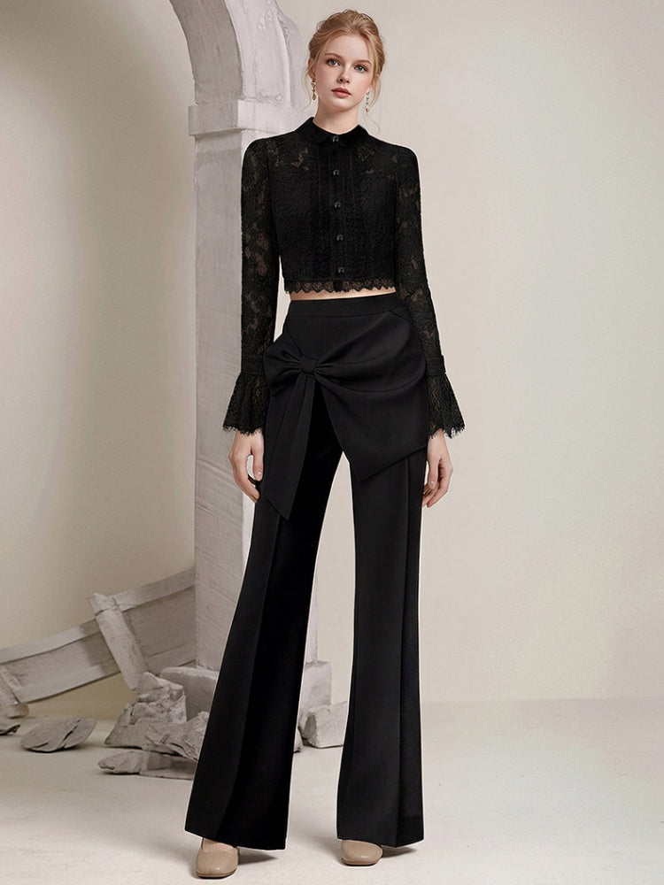 Elegant Lady-Like Floral Lace Edge Frill Crew Neck Blouse & Pants Set【s0000015775】
