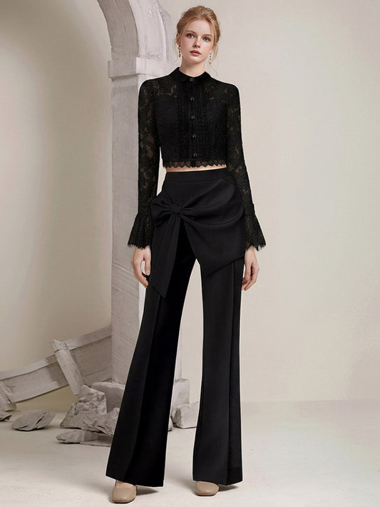 Elegant Lady-Like Floral Lace Edge Frill Crew Neck Blouse & Pants Set【s0000015775】