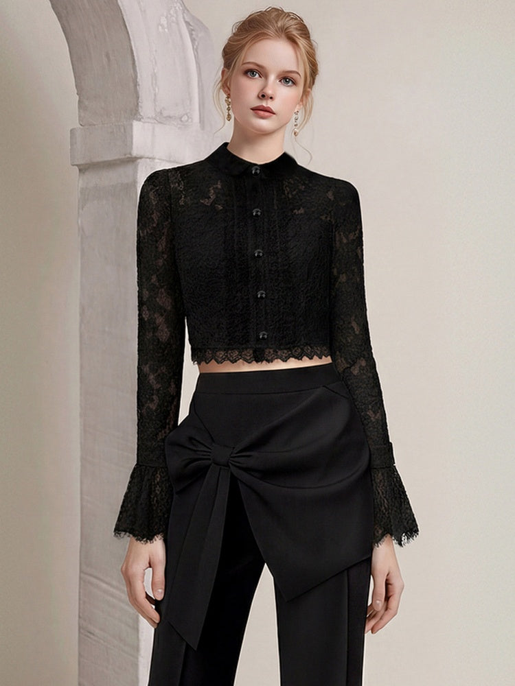 Elegant Lady-Like Floral Lace Edge Frill Crew Neck Blouse & Pants Set【s0000015775】