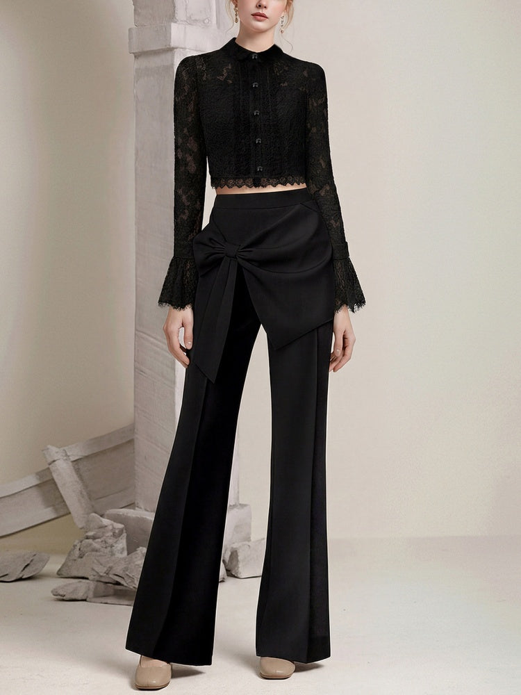 Elegant Lady-Like Floral Lace Edge Frill Crew Neck Blouse & Pants Set【s0000015775】