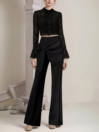 Elegant Lady-Like Floral Lace Edge Frill Crew Neck Blouse & Pants Set【s0000015775】