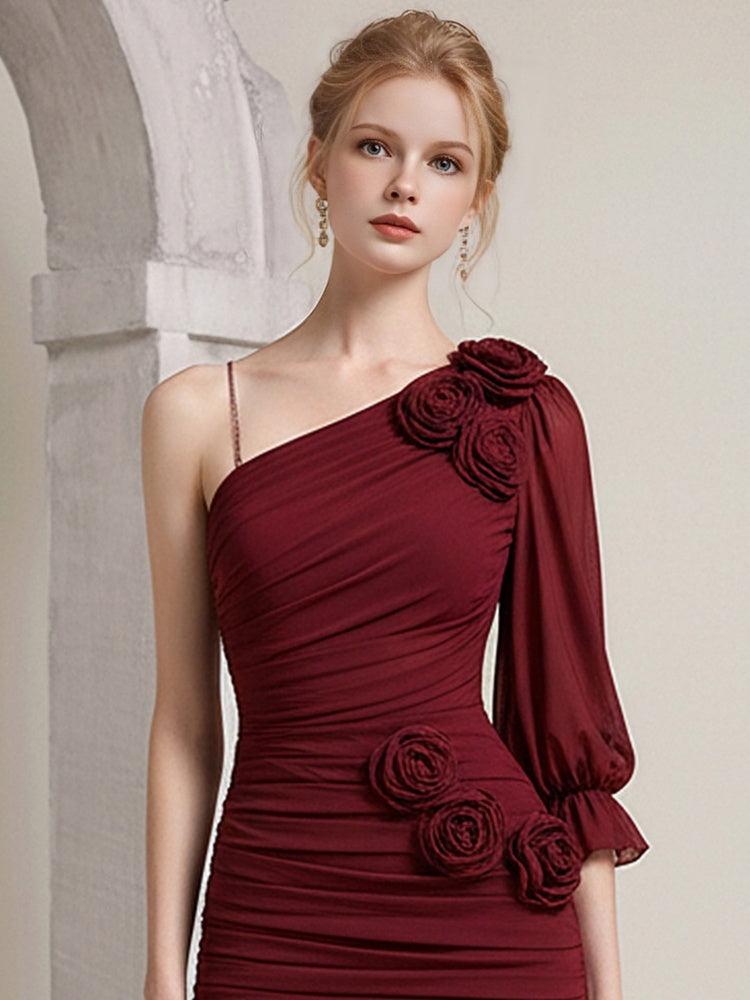 Sexy Slanted-Shoulder Rose Floral Mini Dress【s0000015786】