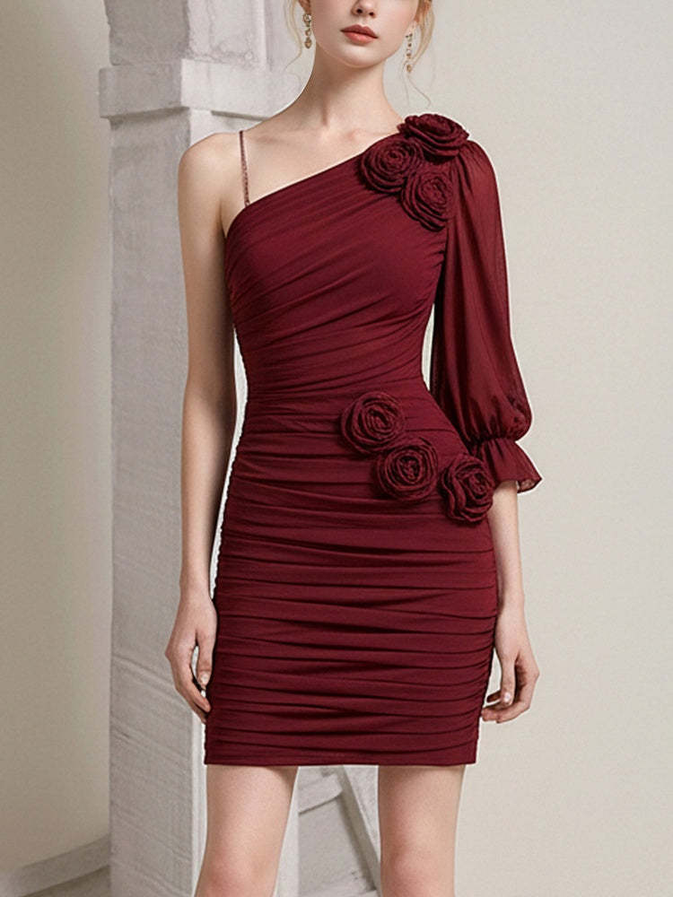 Sexy Slanted-Shoulder Rose Floral Mini Dress【s0000015786】