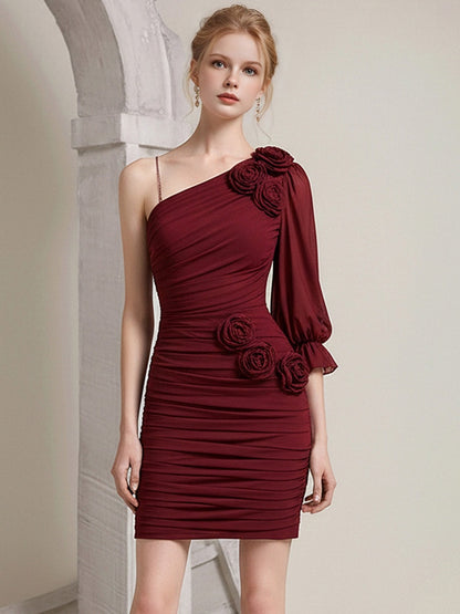 Sexy Slanted-Shoulder Rose Floral Mini Dress【s0000015786】