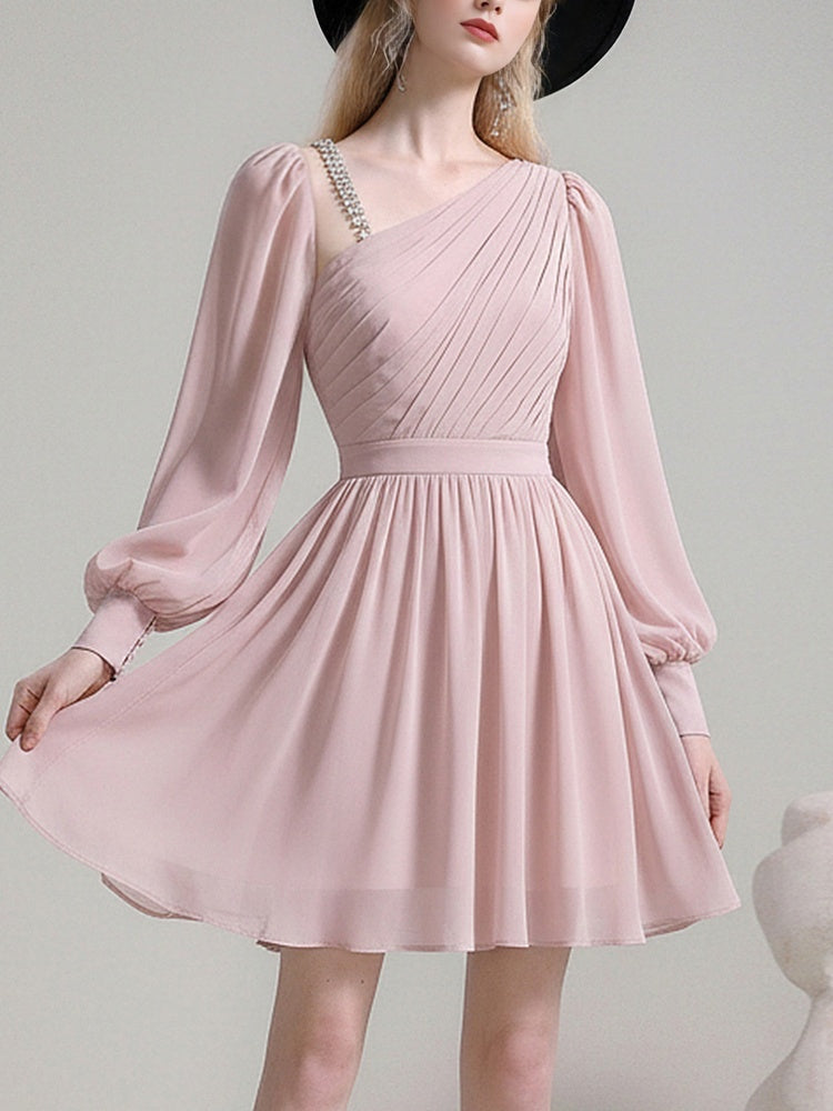 Romantic Slanted Shoulder Diamond Chain Mini Dress【s0000015787】