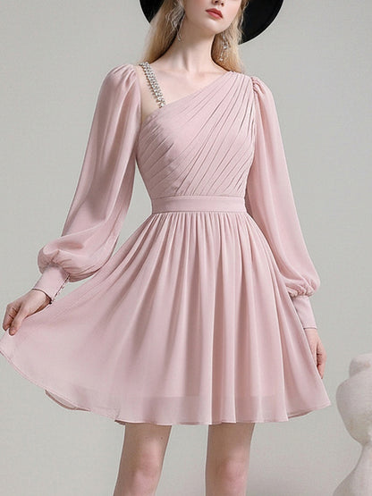 Romantic Slanted Shoulder Diamond Chain Mini Dress【s0000015787】