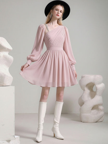 Romantic Slanted Shoulder Diamond Chain Mini Dress【s0000015787】