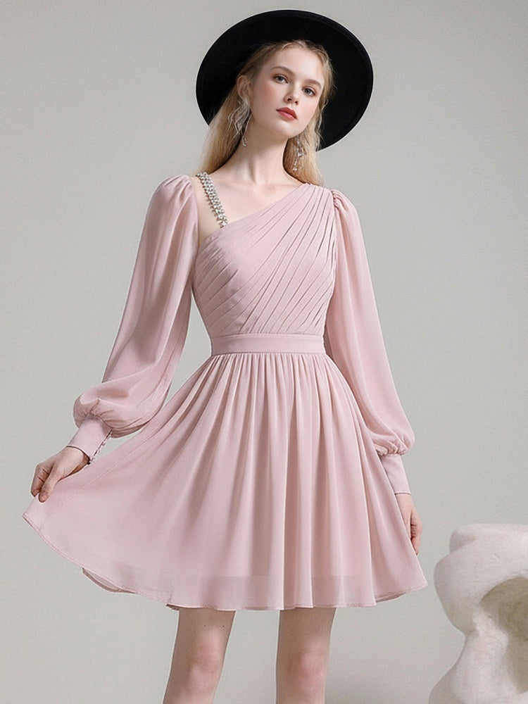 Romantic Slanted Shoulder Diamond Chain Mini Dress【s0000015787】