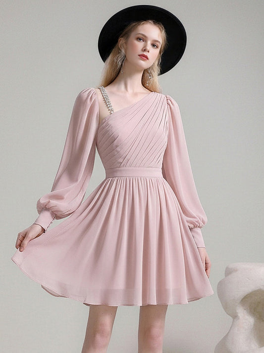 Romantic Slanted Shoulder Diamond Chain Mini Dress【s0000015787】