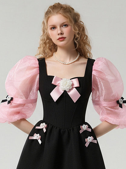 Sweet Girly Square Neck Black & Pink Ribbon Puff Sleeve Dress【s0000015789】