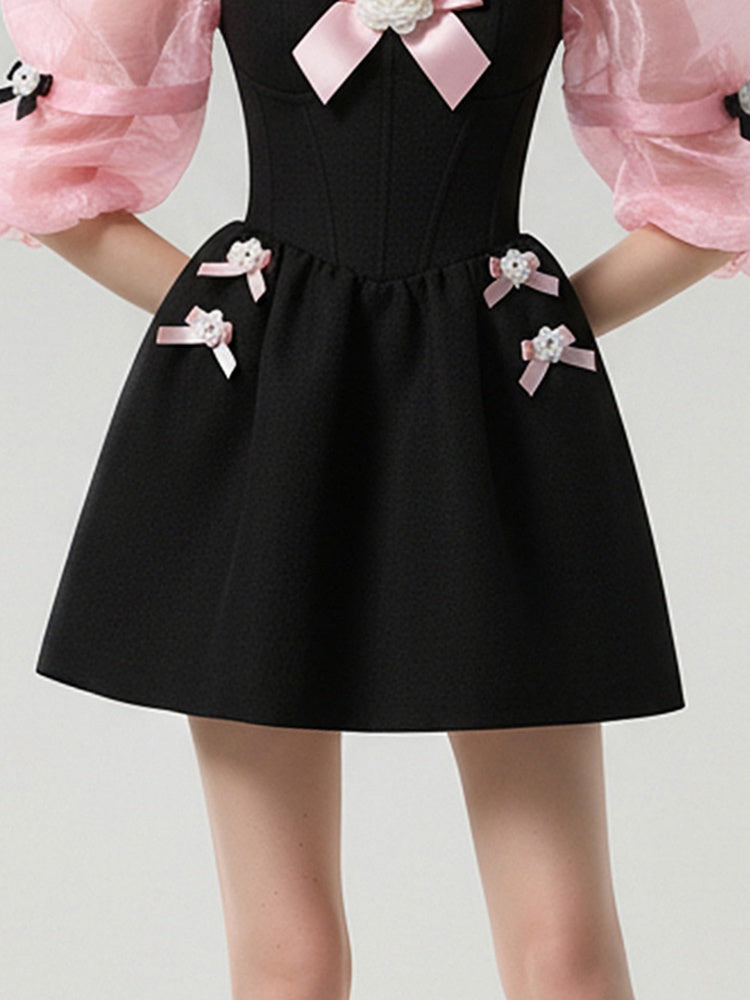 Sweet Girly Square Neck Black & Pink Ribbon Puff Sleeve Dress【s0000015789】
