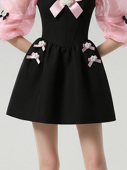 Sweet Girly Square Neck Black & Pink Ribbon Puff Sleeve Dress【s0000015789】