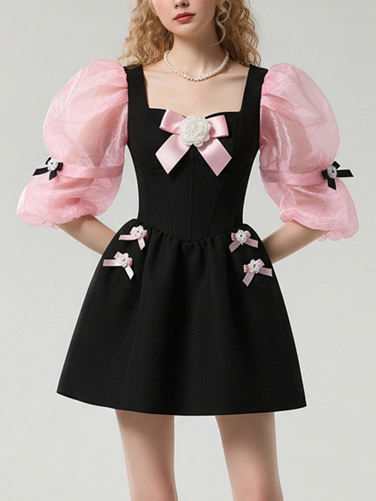 Sweet Girly Square Neck Black & Pink Ribbon Puff Sleeve Dress【s0000015789】