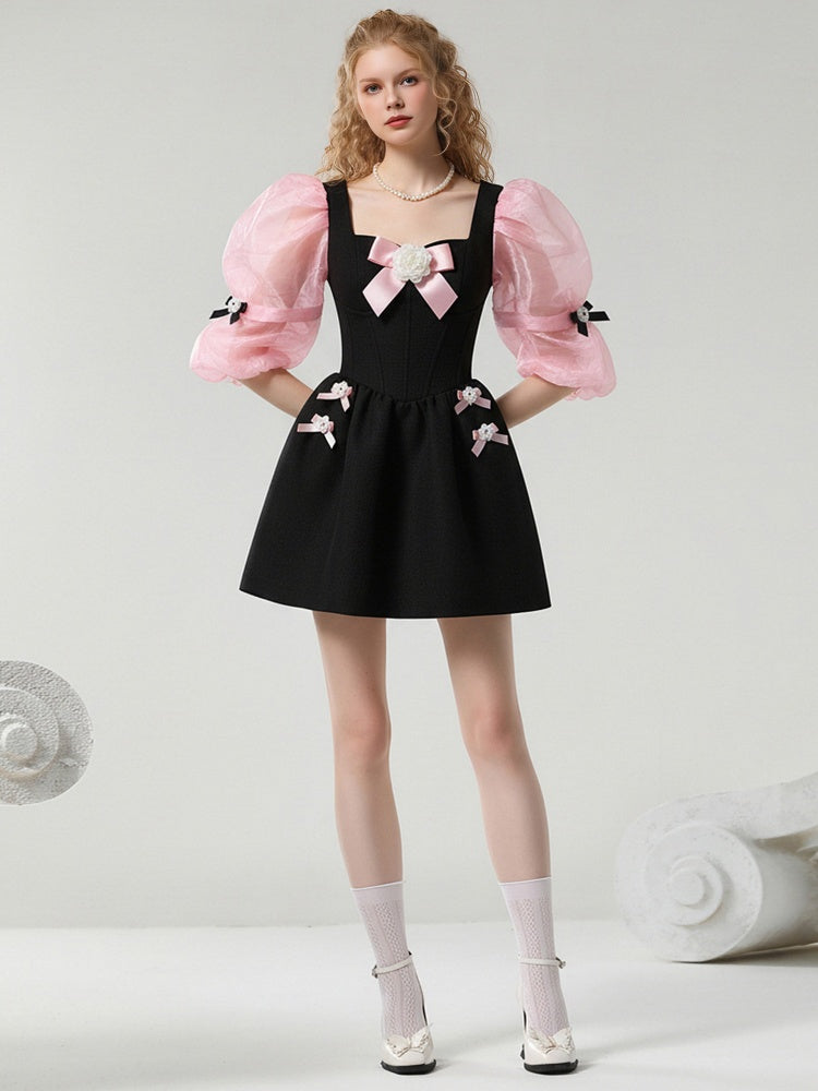 Sweet Girly Square Neck Black & Pink Ribbon Puff Sleeve Dress【s0000015789】