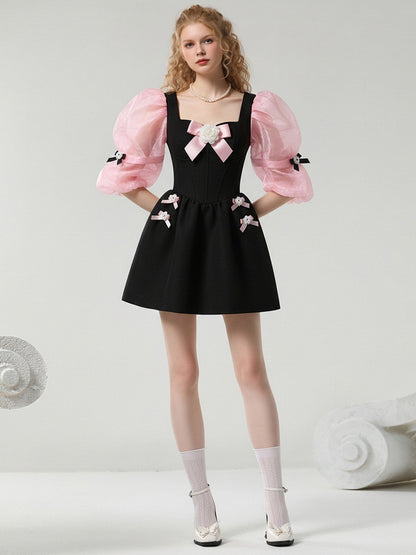 Sweet Girly Square Neck Black & Pink Ribbon Puff Sleeve Dress【s0000015789】