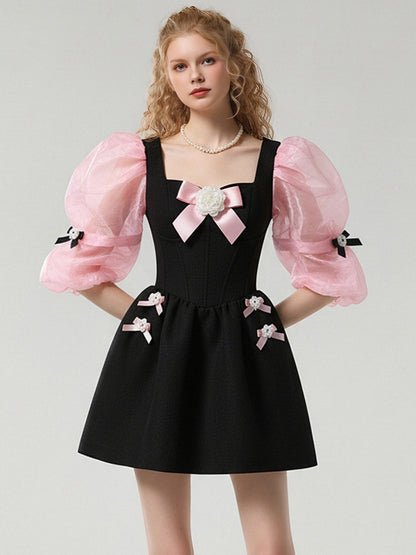 Sweet Girly Square Neck Black & Pink Ribbon Puff Sleeve Dress【s0000015789】