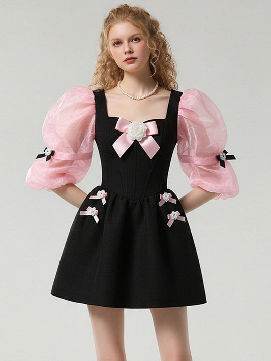 Sweet Girly Square Neck Black & Pink Ribbon Puff Sleeve Dress【s0000015789】