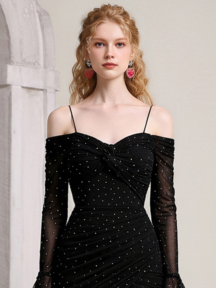 Off-Shoulder Rhinestone Pleated Flared Sleeves Dress【s0000015798】