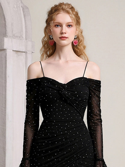 Off-Shoulder Rhinestone Pleated Flared Sleeves Dress【s0000015798】