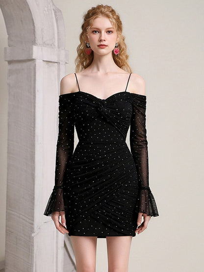 Off-Shoulder Rhinestone Pleated Flared Sleeves Dress【s0000015798】
