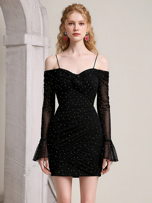 Off-Shoulder Rhinestone Pleated Flared Sleeves Dress【s0000015798】