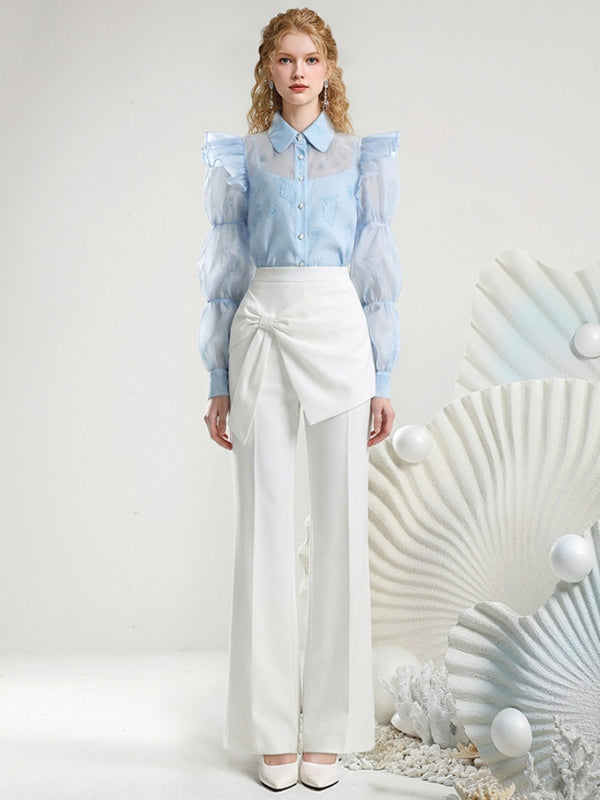 Puff Sleeve Print Blouse & Semi-Flared Long Pants Set【s0000015805】