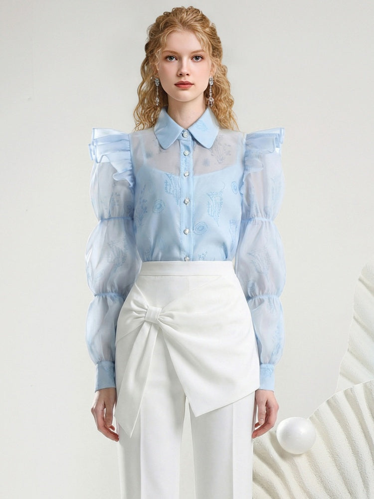 Puff Sleeve Print Blouse & Semi-Flared Long Pants Set【s0000015805】