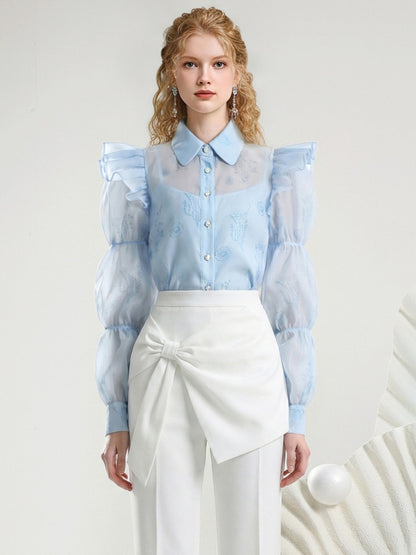 Puff Sleeve Print Blouse & Semi-Flared Long Pants Set【s0000015805】