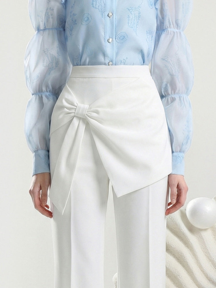 Puff Sleeve Print Blouse & Semi-Flared Long Pants Set【s0000015805】