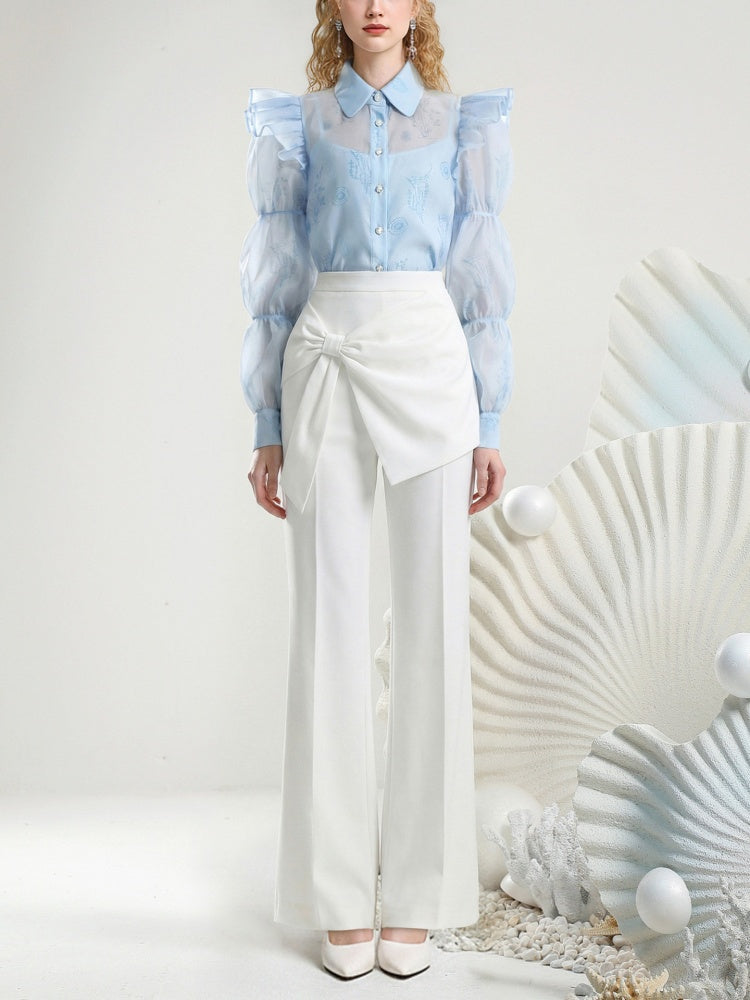 Puff Sleeve Print Blouse & Semi-Flared Long Pants Set【s0000015805】