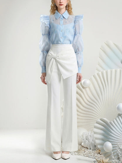 Puff Sleeve Print Blouse & Semi-Flared Long Pants Set【s0000015805】