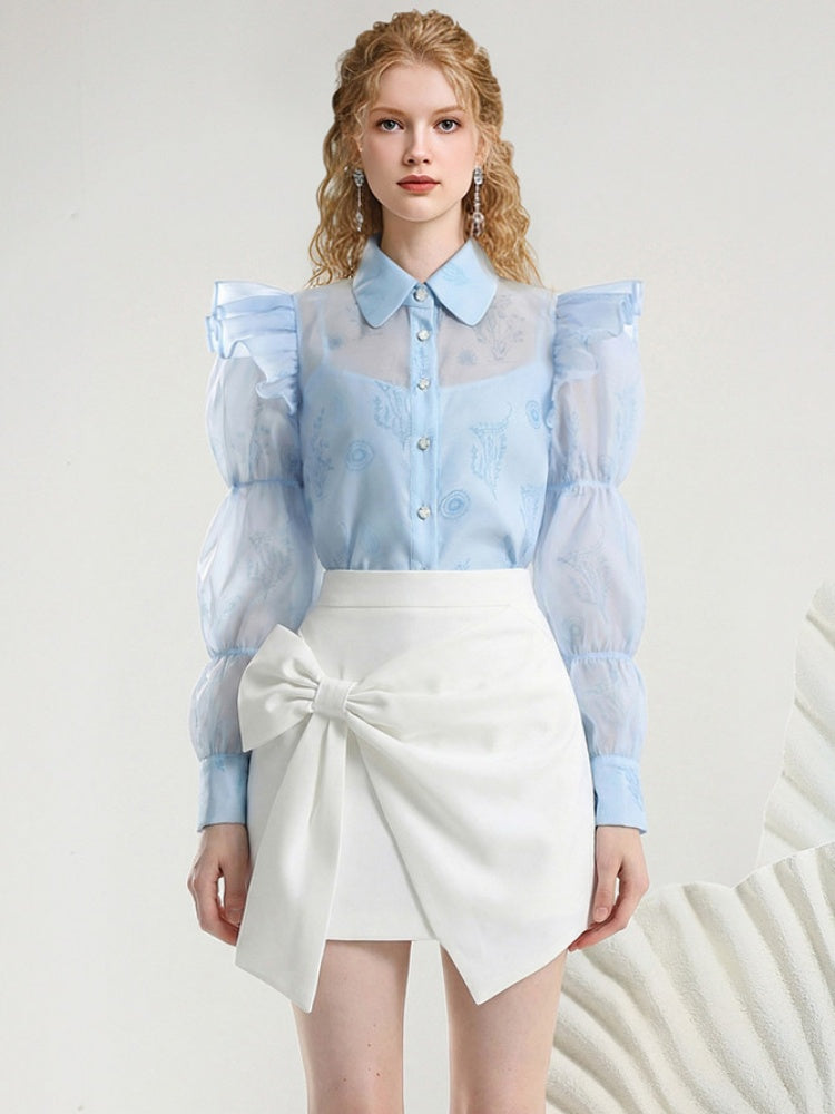 Puff Sleeve Print Blouse & Bow Short Pants Set【s0000015806】