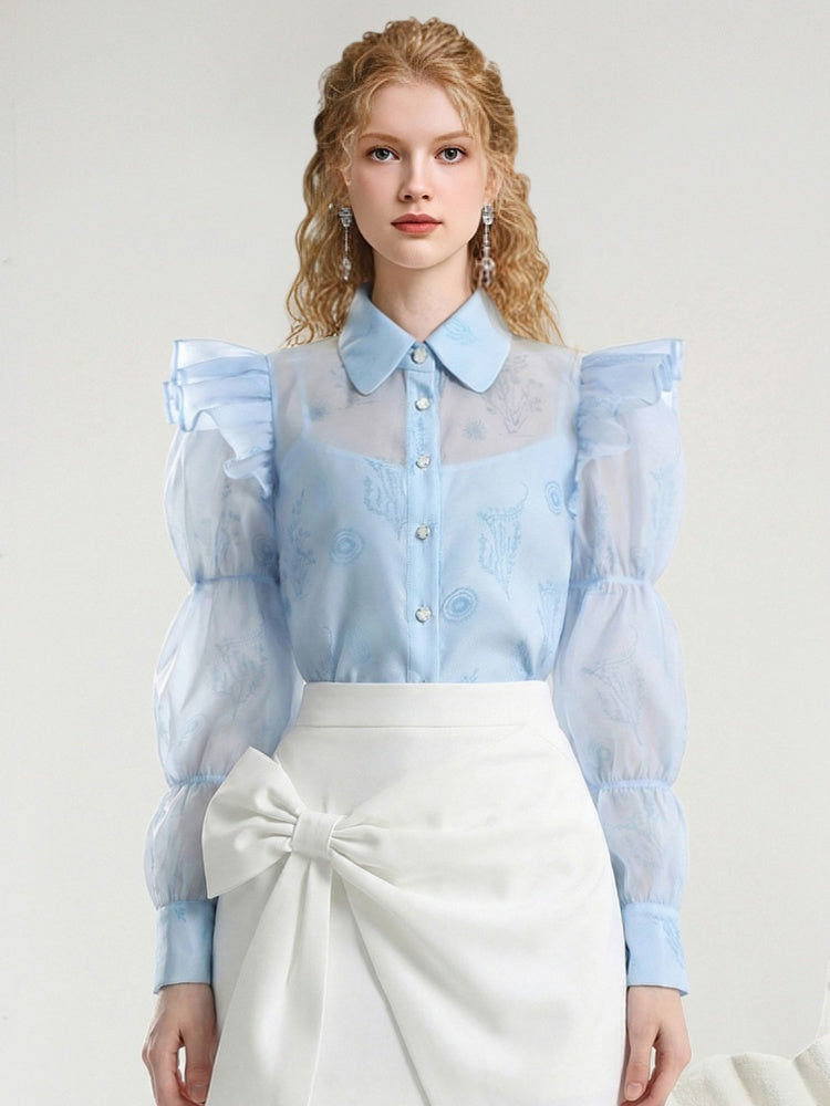 Puff Sleeve Print Blouse & Bow Short Pants Set【s0000015806】