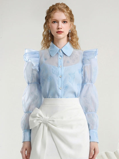 Puff Sleeve Print Blouse & Bow Short Pants Set【s0000015806】
