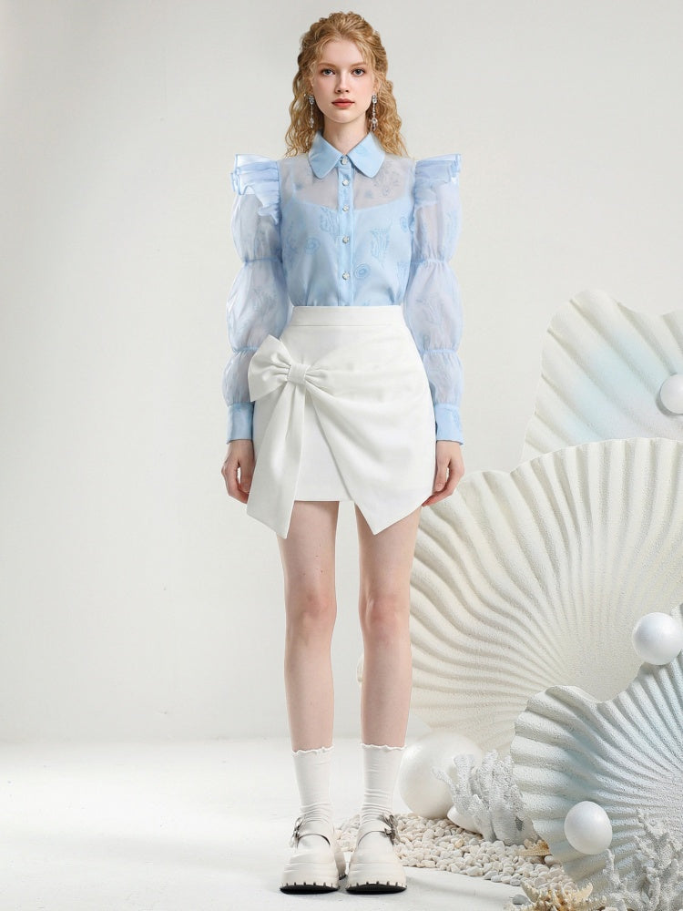 Puff Sleeve Print Blouse & Bow Short Pants Set【s0000015806】