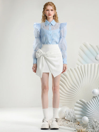 Puff Sleeve Print Blouse & Bow Short Pants Set【s0000015806】