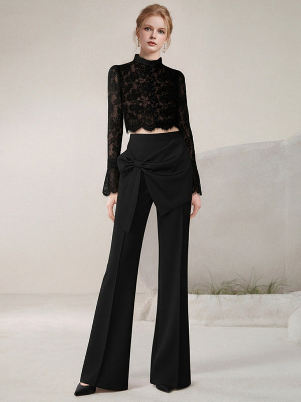 Stand Collar Lace Blouse & Semi-Flared Long Pants Set【s0000015807】
