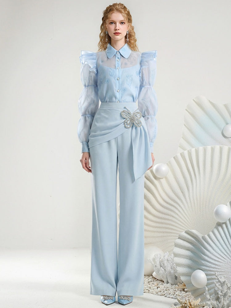 Sheer Puff Sleeve Blouse & Long Pants【s0000015809】