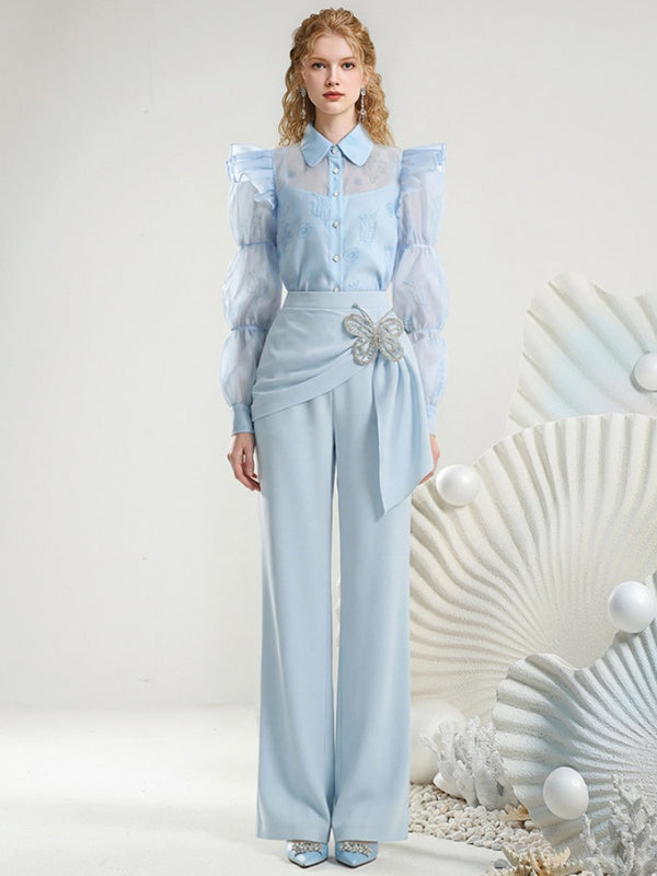 Sheer Puff Sleeve Blouse & Long Pants【s0000015809】