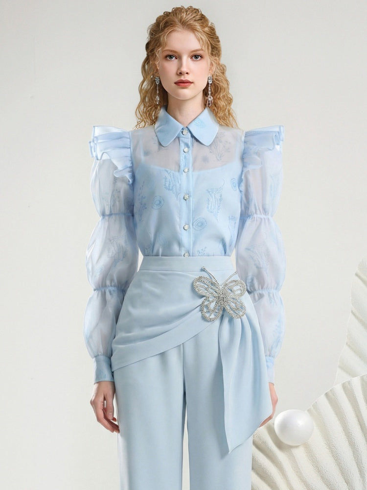 Sheer Puff Sleeve Blouse & Long Pants【s0000015809】