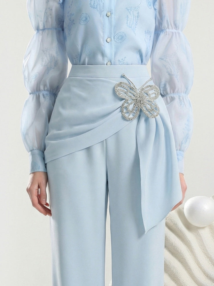 Sheer Puff Sleeve Blouse & Long Pants【s0000015809】