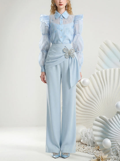 Sheer Puff Sleeve Blouse & Long Pants【s0000015809】