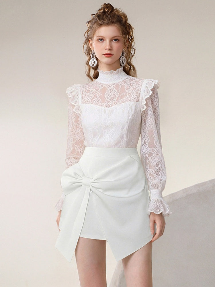 Stand Collar Lace Blouse & Asymmetrical Short Pants Set-Up【s0000015810】