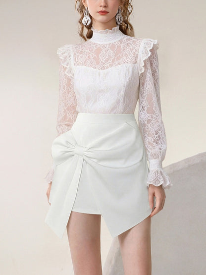Stand Collar Lace Blouse & Asymmetrical Short Pants Set-Up【s0000015810】